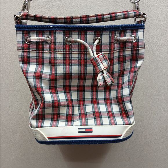 Vintage Tommy Hilfiger Plaid Drawstring Bucket Bag Shoulder Y2K Purse Red White - Picture 1 of 10